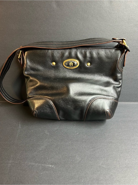 Etienne Aigner Handbags - Etienne Aigner Black Leather Hobo Shoulder Bag with Gold Hardware & Brown Trim